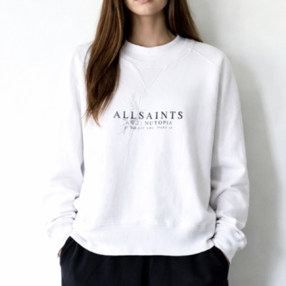 AllSaints Crisp White Cotton Fleece Logo Oversized Crewneck Sweatshirt Unisex